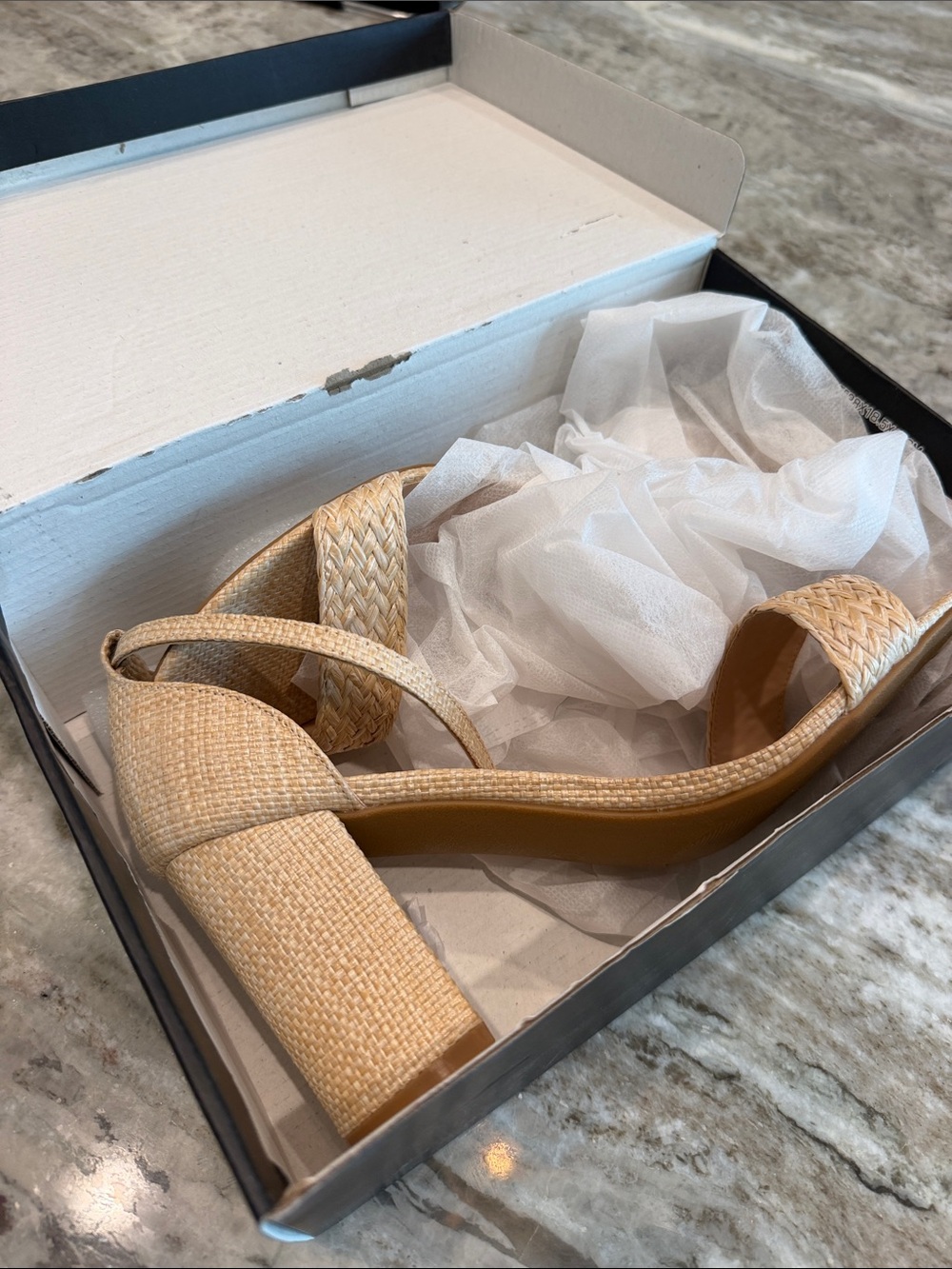 Woven Block Heel Sandals in Natural Straw.  Brand new, never worn